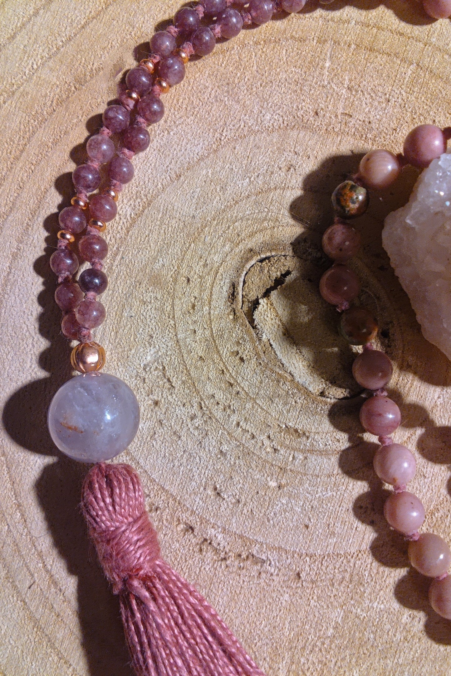 Mala 108 perle di Rodonite, Unakite, Lepidolite, Pietra Guru Ametista, rame