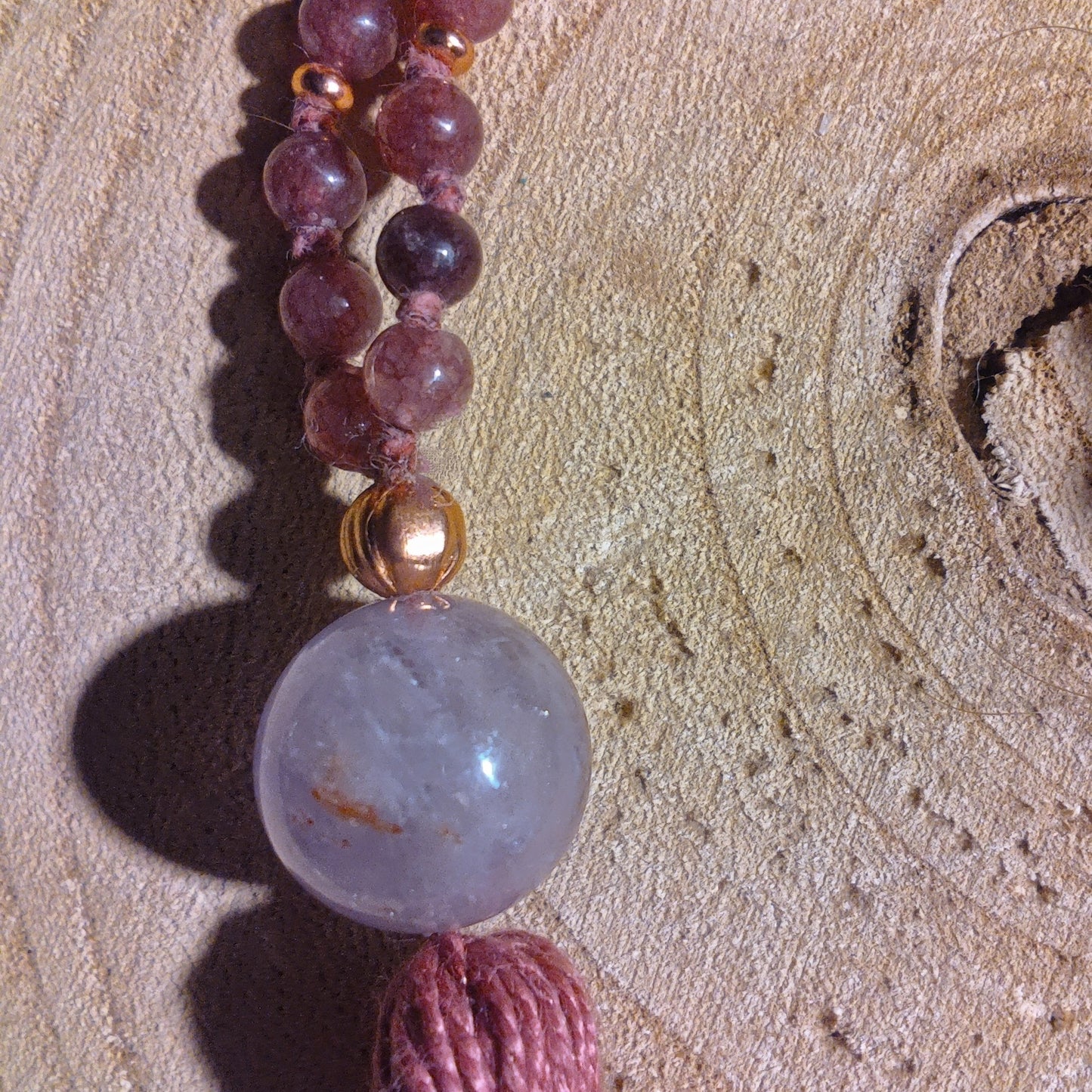 Mala 108 perle di Rodonite, Unakite, Lepidolite, Pietra Guru Ametista, rame