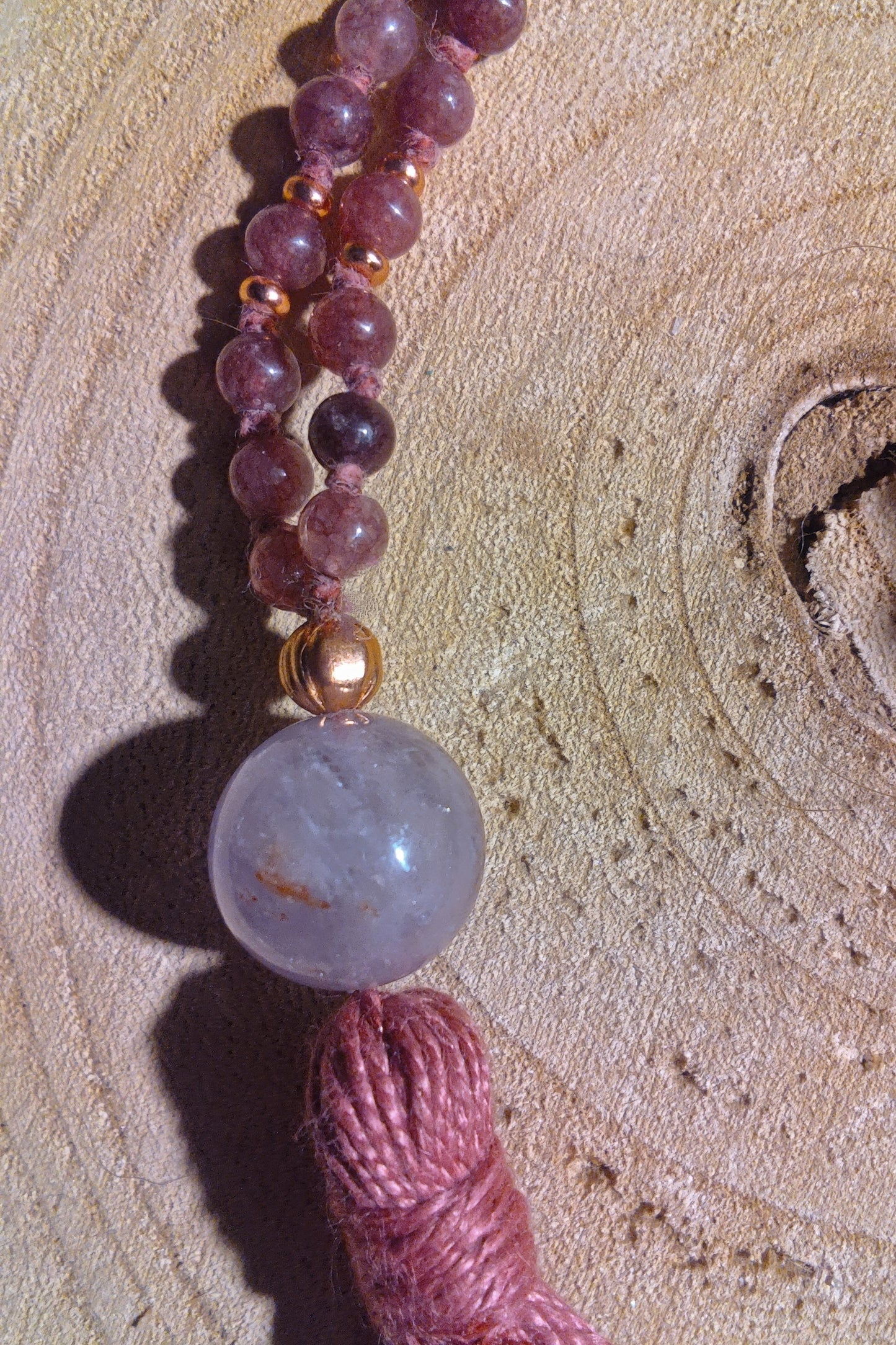 Mala 108 perle di Rodonite, Unakite, Lepidolite, Pietra Guru Ametista, rame
