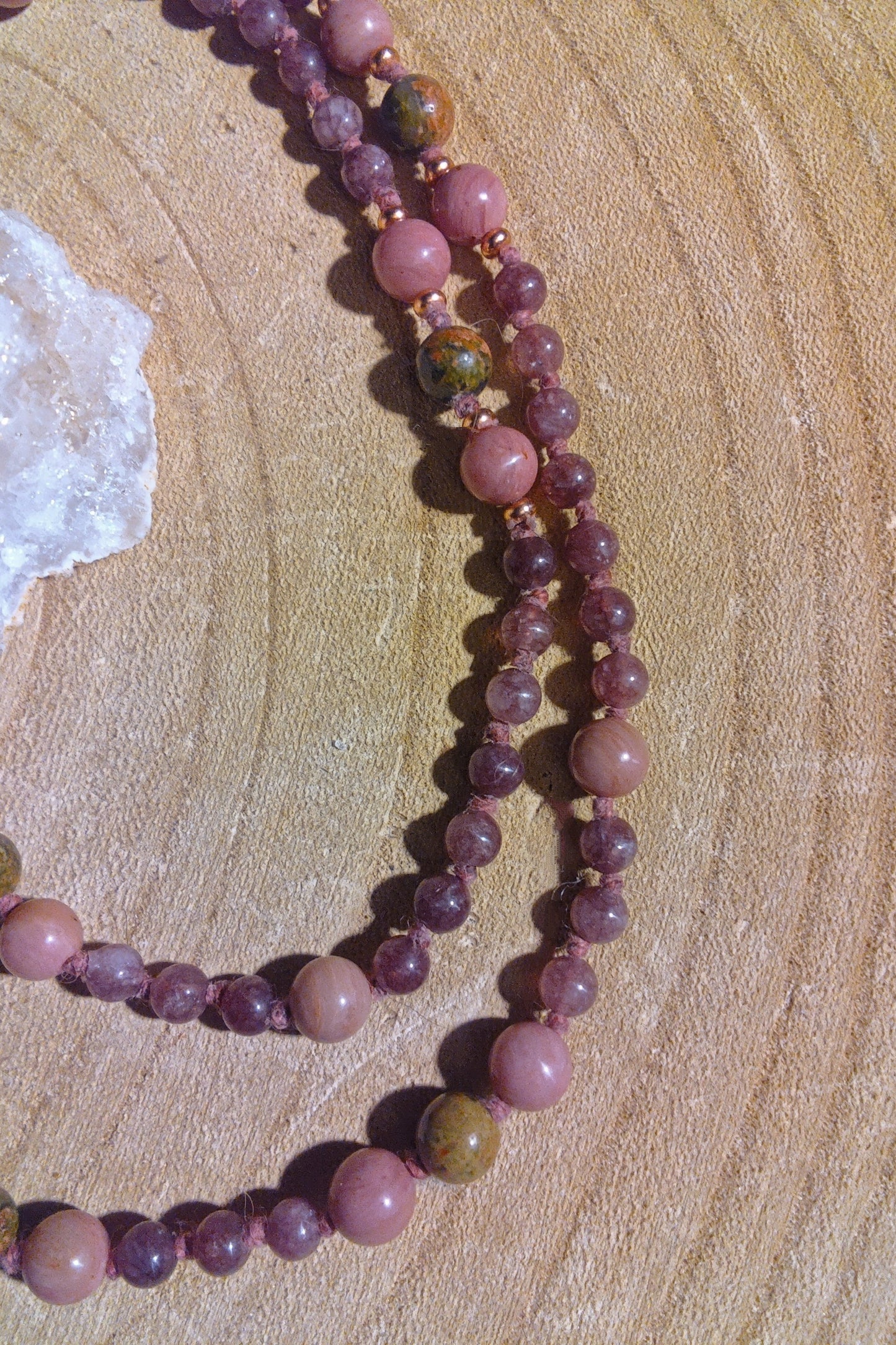 Mala 108 perle di Rodonite, Unakite, Lepidolite, Pietra Guru Ametista, rame