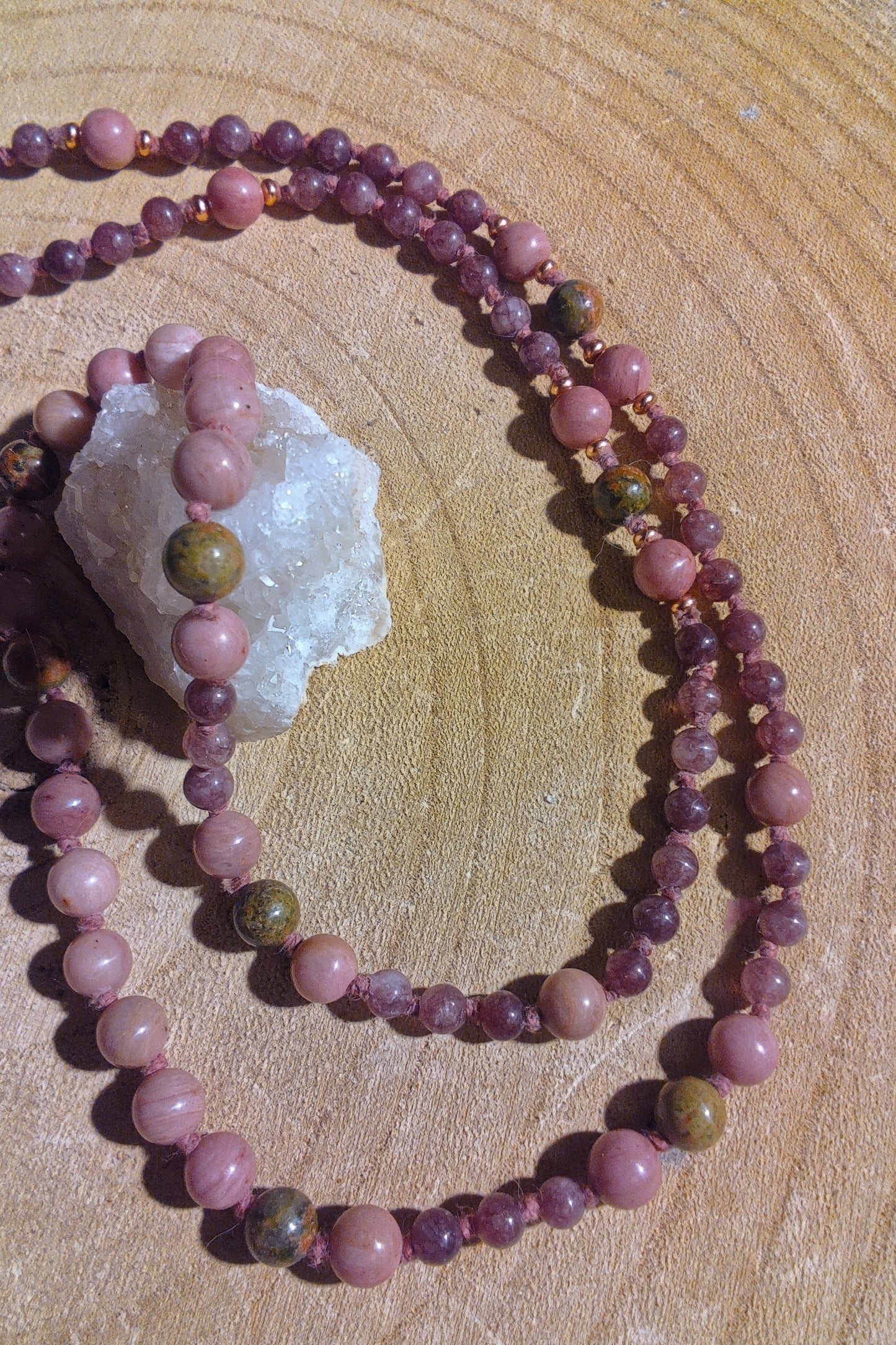Mala 108 perle di Rodonite, Unakite, Lepidolite, Pietra Guru Ametista, rame