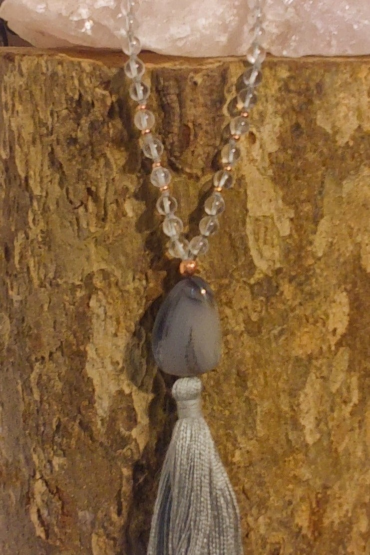 Mala collana da meditazione in Cristallo di Rocca, Pietra Guru Agata botswana, rame