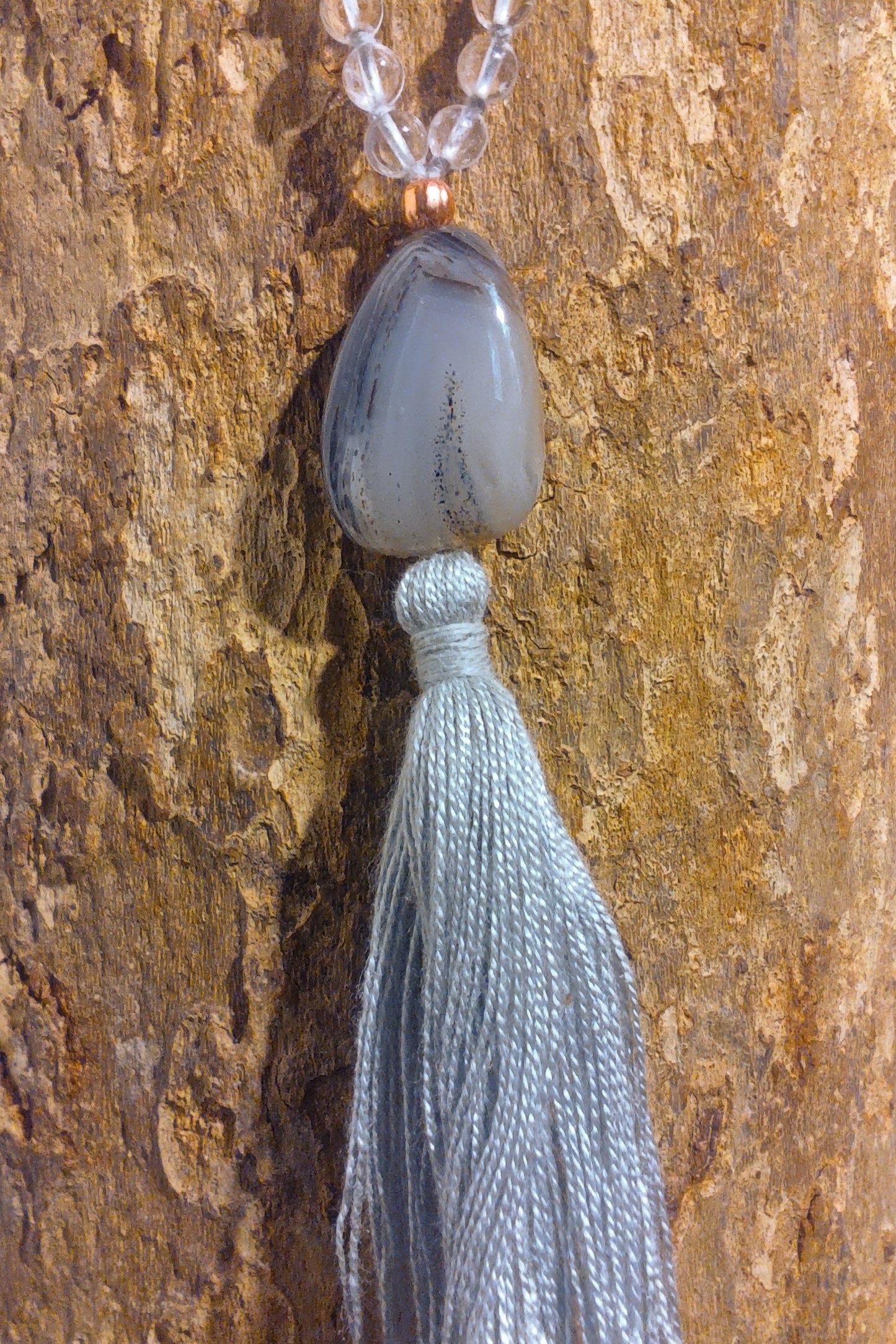Mala collana da meditazione in Cristallo di Rocca, Pietra Guru Agata botswana, rame