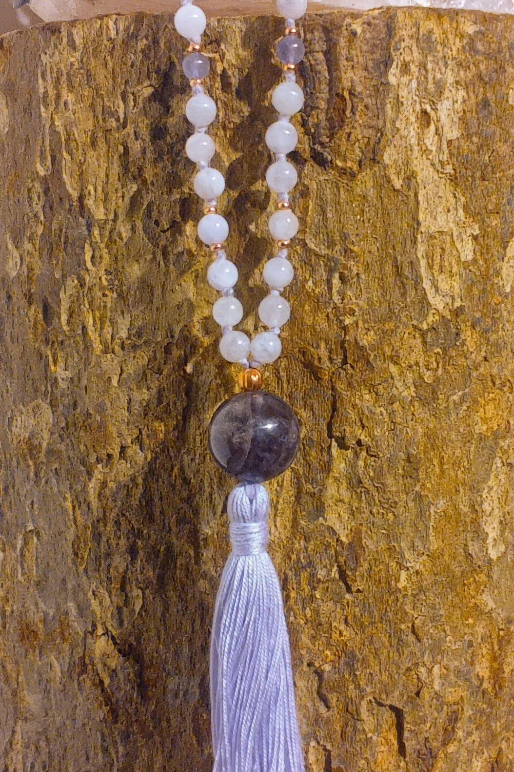 Mala da meditazione in Ametista lavanda, ametista, 108 perle, Perla Guru in ametista