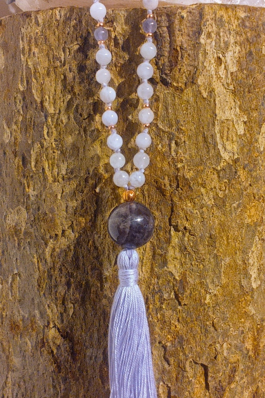 Mala da meditazione in Ametista lavanda, ametista, 108 perle, Perla Guru in ametista