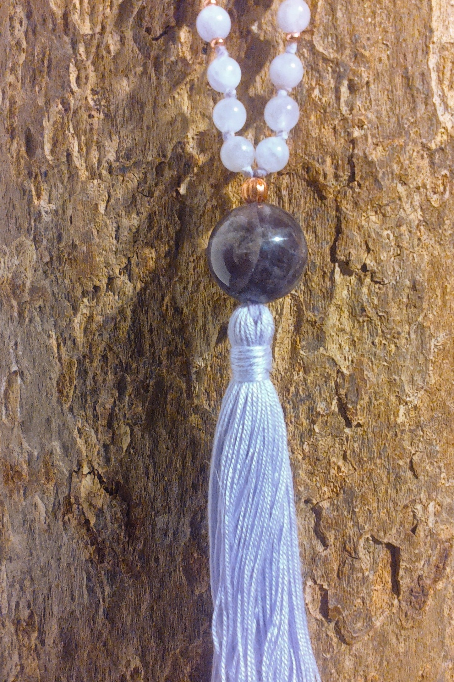 Mala da meditazione in Ametista lavanda, ametista, 108 perle, Perla Guru in ametista