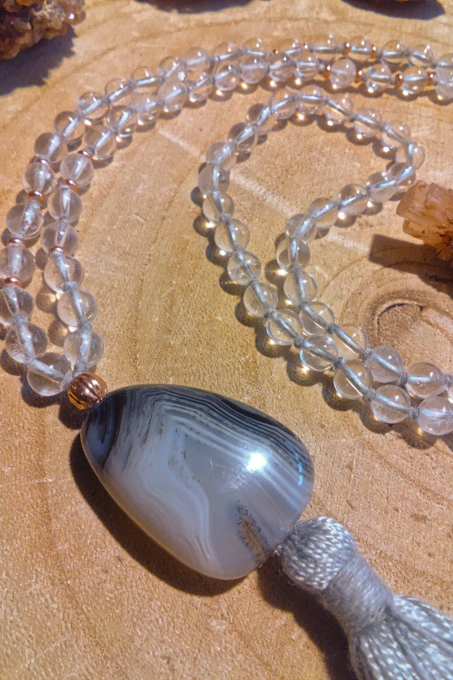 Mala collana da meditazione in Cristallo di Rocca, Pietra Guru Agata botswana, rame