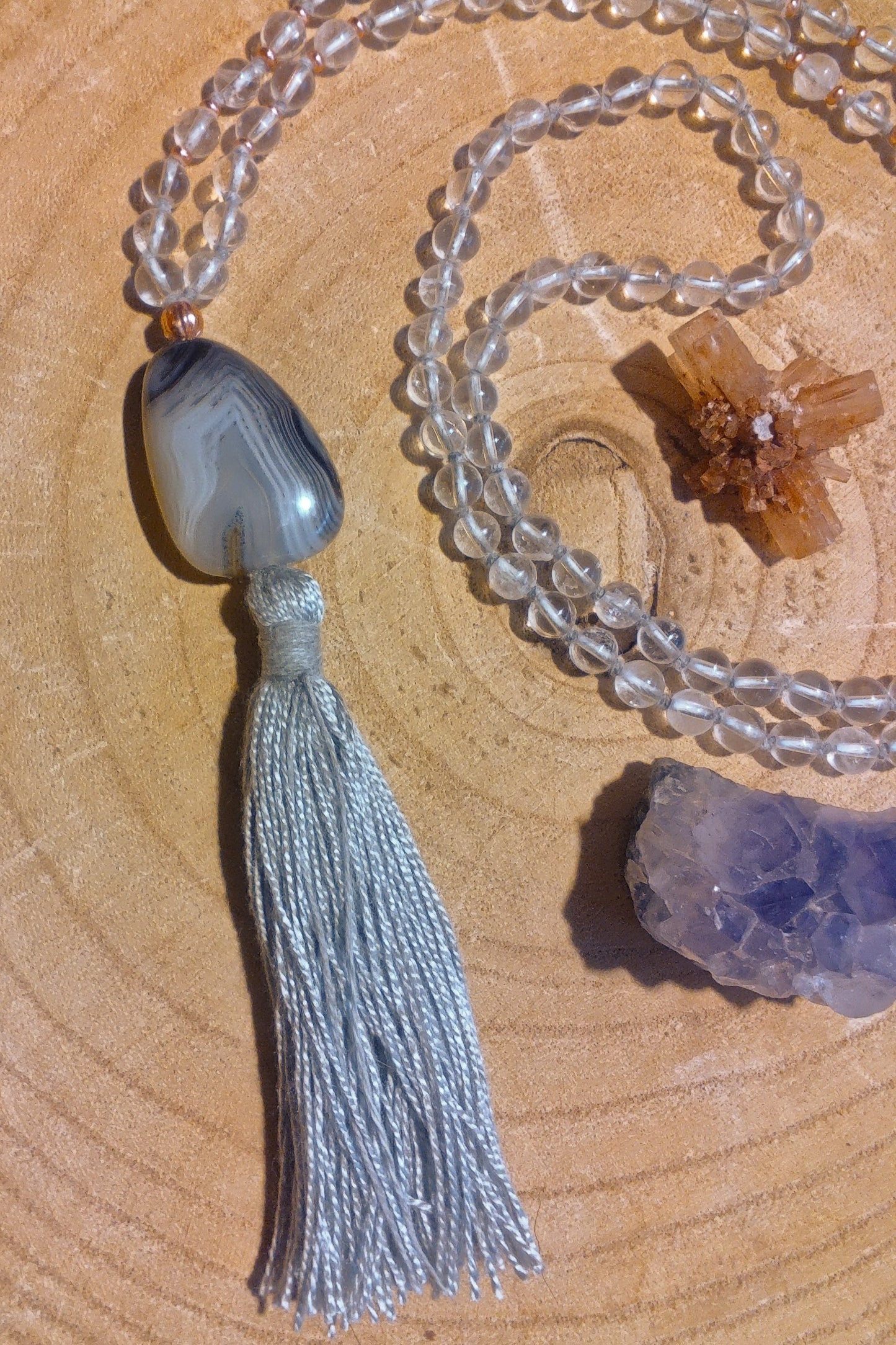 Mala collana da meditazione in Cristallo di Rocca, Pietra Guru Agata botswana, rame