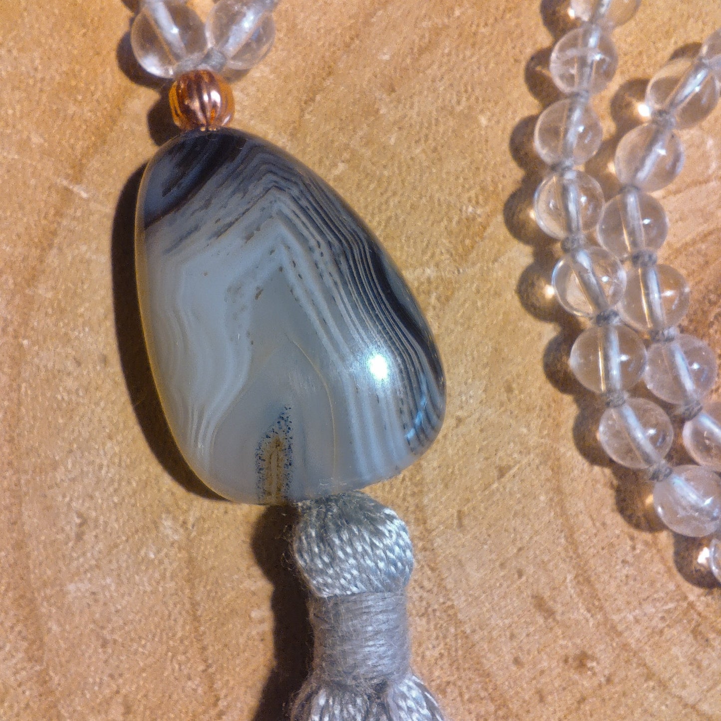 Mala collana da meditazione in Cristallo di Rocca, Pietra Guru Agata botswana, rame