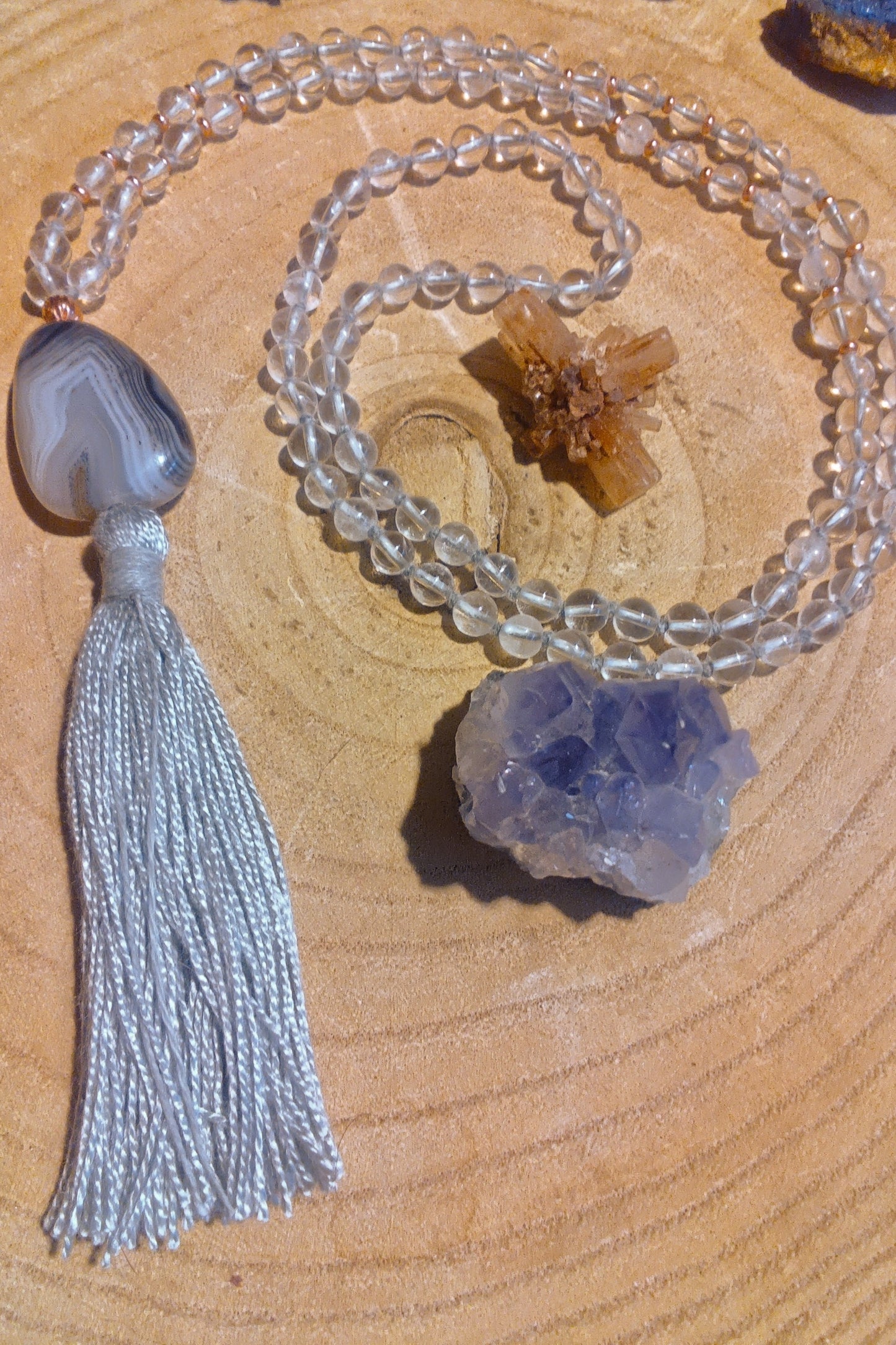 Mala collana da meditazione in Cristallo di Rocca, Pietra Guru Agata botswana, rame