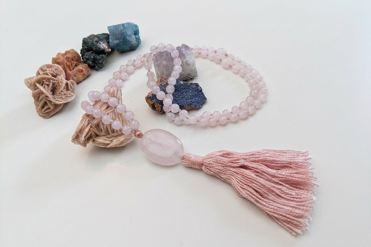 Mala in Quarzo rosa, Pietra Guru Quarzo rosa, Rame
