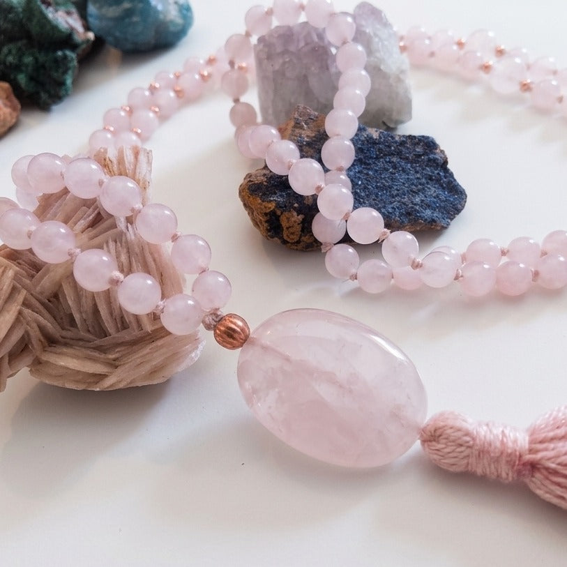 Mala in Quarzo rosa, Pietra Guru Quarzo rosa, Rame