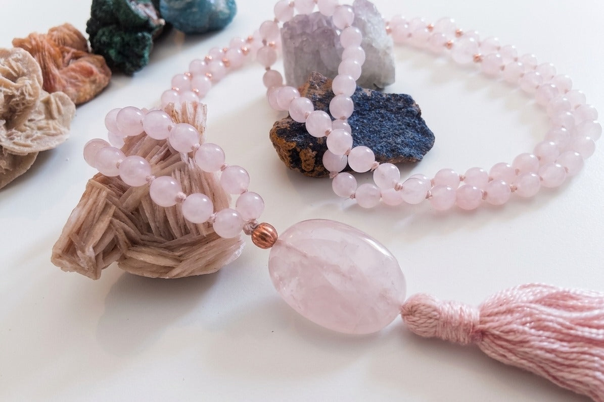 Mala in Quarzo rosa, Pietra Guru Quarzo rosa, Rame