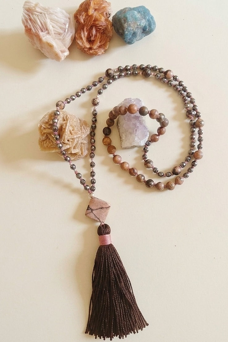 Mala 108 perle di Rodonite pizzo e Ematite, Pietra Guru Rodonite pizzo, Argento 925