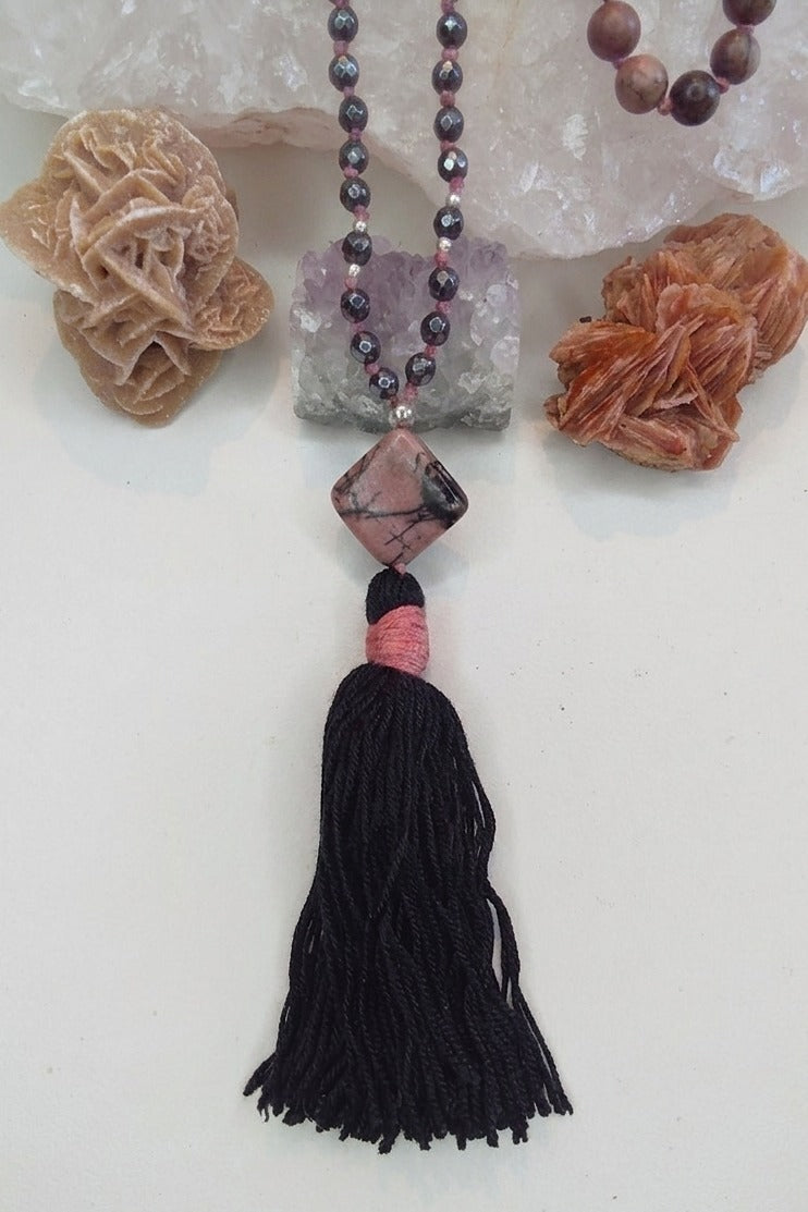 Mala 108 perle di Rodonite pizzo e Ematite, Pietra Guru Rodonite pizzo, Argento 925