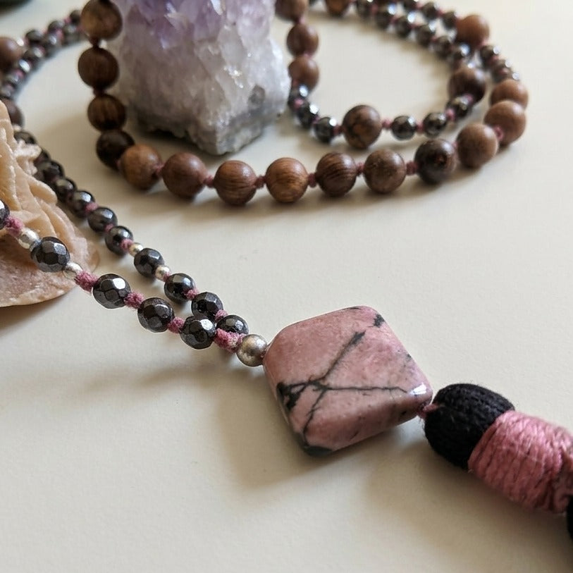 Mala 108 perle di Rodonite pizzo e Ematite, Pietra Guru Rodonite pizzo, Argento 925