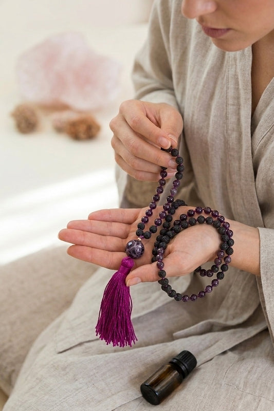 Mala per meditare in Pietra lavica, Lepidolite, Pietra Guru Lepidolite, rame