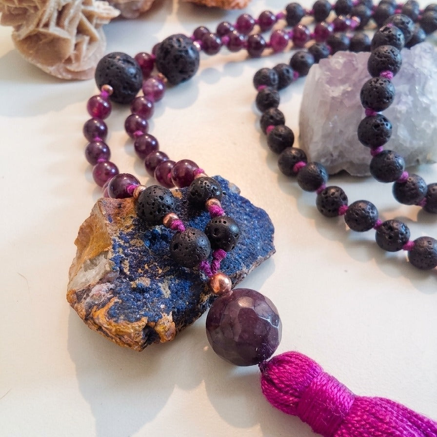 Mala per meditare in Pietra lavica, Lepidolite, Pietra Guru Lepidolite, rame