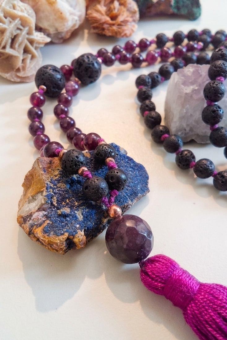 Mala per meditare in Pietra lavica, Lepidolite, Pietra Guru Lepidolite, rame