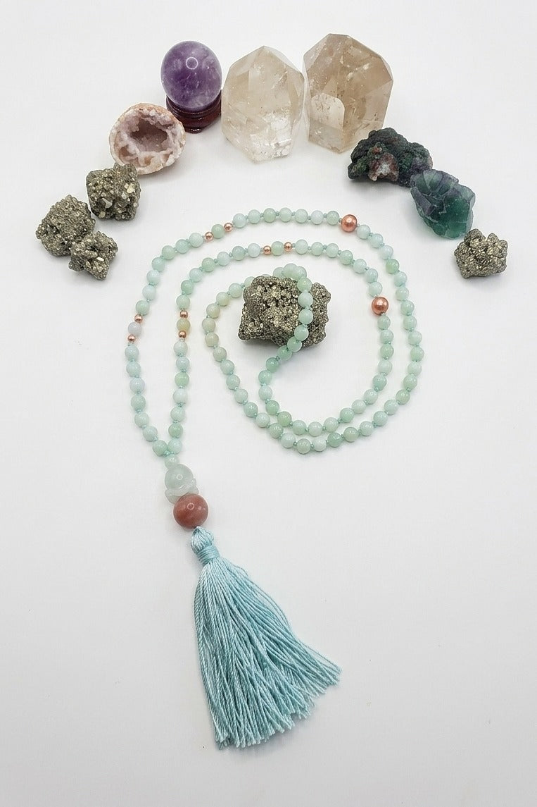 Mala 108 in Giadeite, Perla guru in Giadeite e Pietra di luna, rame