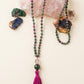 Mala con 108 perle di Zoisite, Pietra Guru Ametista e Agata verde, Rame