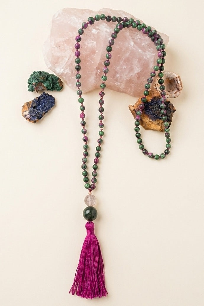 Mala con 108 perle di Zoisite, Pietra Guru Ametista e Agata verde, Rame