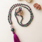 Mala con 108 perle di Zoisite, Pietra Guru Ametista e Agata verde, Rame