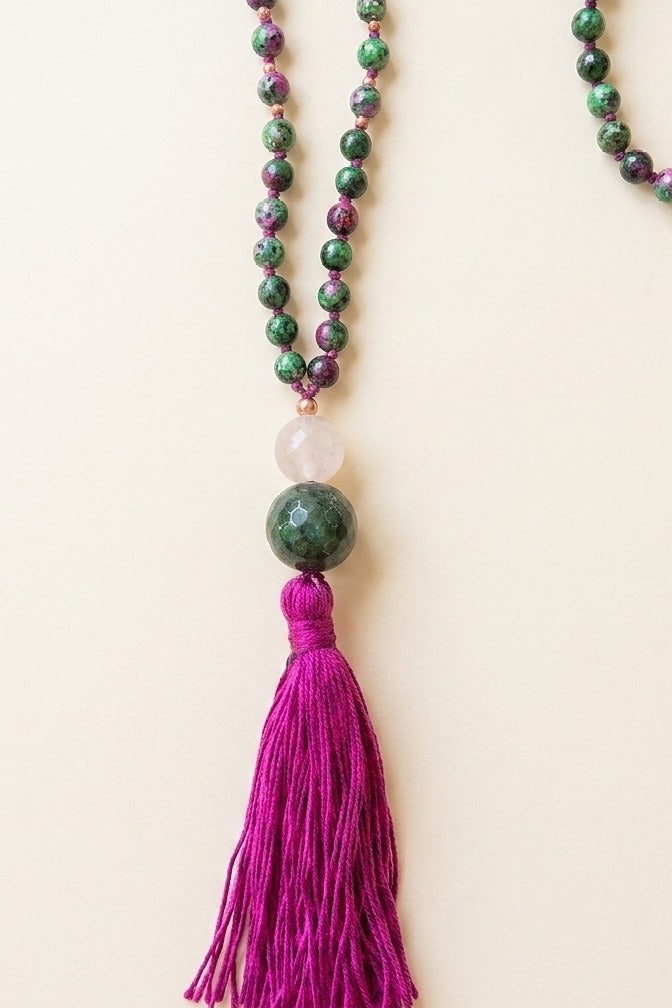 Mala con 108 perle di Zoisite, Pietra Guru Ametista e Agata verde, Rame