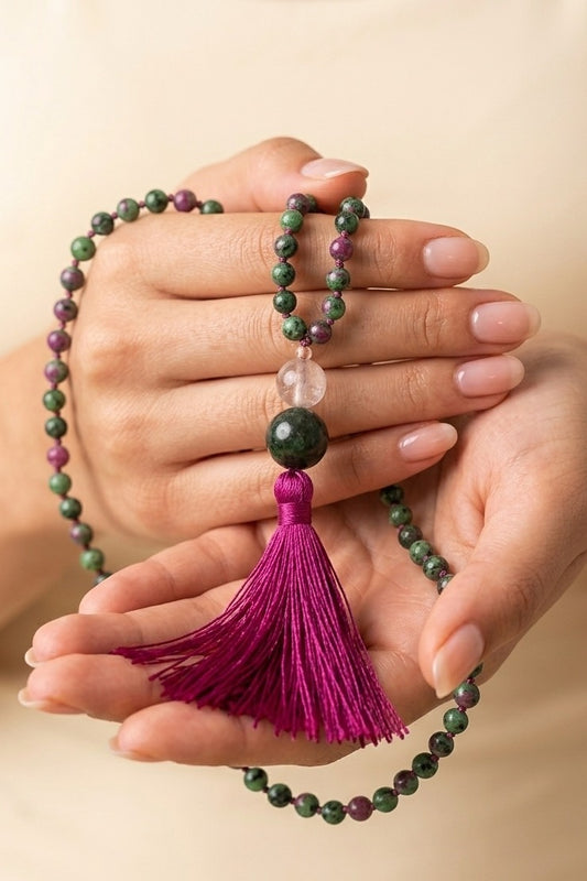 Mala con 108 perle di Zoisite, Pietra Guru Ametista e Agata verde, Rame