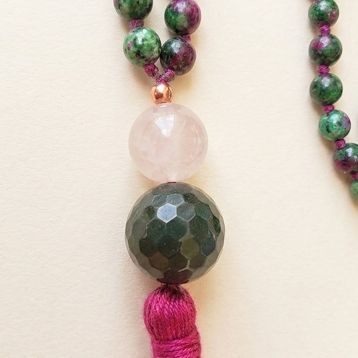 Mala con 108 perle di Zoisite, Pietra Guru Ametista e Agata verde, Rame
