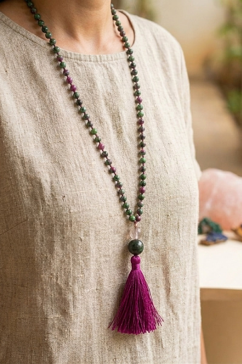 Mala con 108 perle di Zoisite, Pietra Guru Ametista e Agata verde, Rame