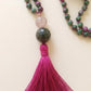 Mala con 108 perle di Zoisite, Pietra Guru Ametista e Agata verde, Rame