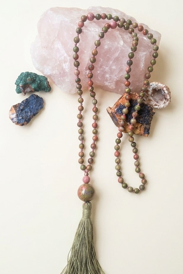 Mala 108 perle in Unakite, Rodonite, Pietra Guru Unakite e Rame