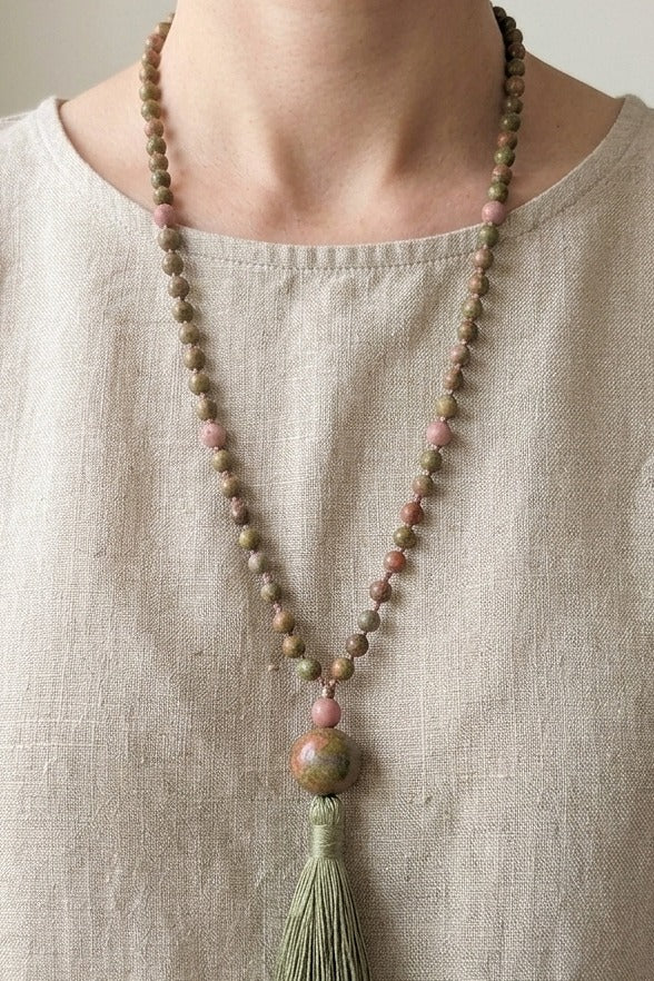 Mala 108 perle in Unakite, Rodonite, Pietra Guru Unakite e Rame