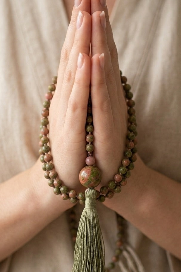 Mala 108 perle in Unakite, Rodonite, Pietra Guru Unakite e Rame