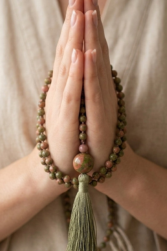 Mala 108 perle in Unakite, Rodonite, Pietra Guru Unakite e Rame