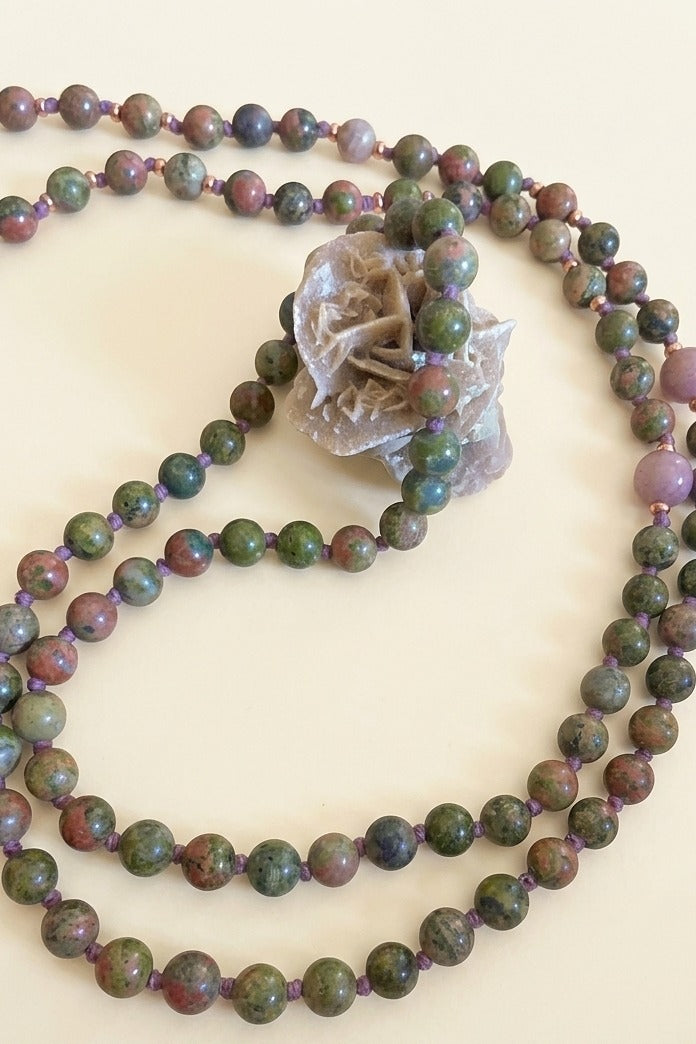 Mala 108 perle in Unakite, Rodonite, Pietra Guru Unakite e Rame