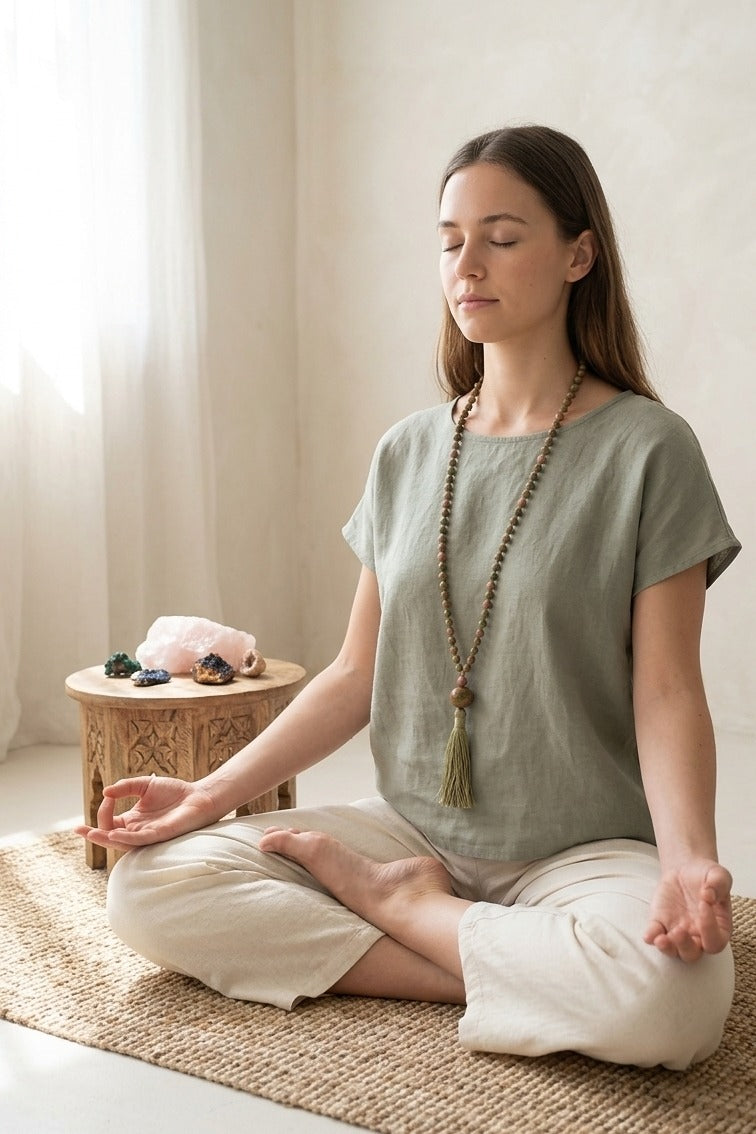 Mala 108 perle in Unakite, Rodonite, Pietra Guru Unakite e Rame