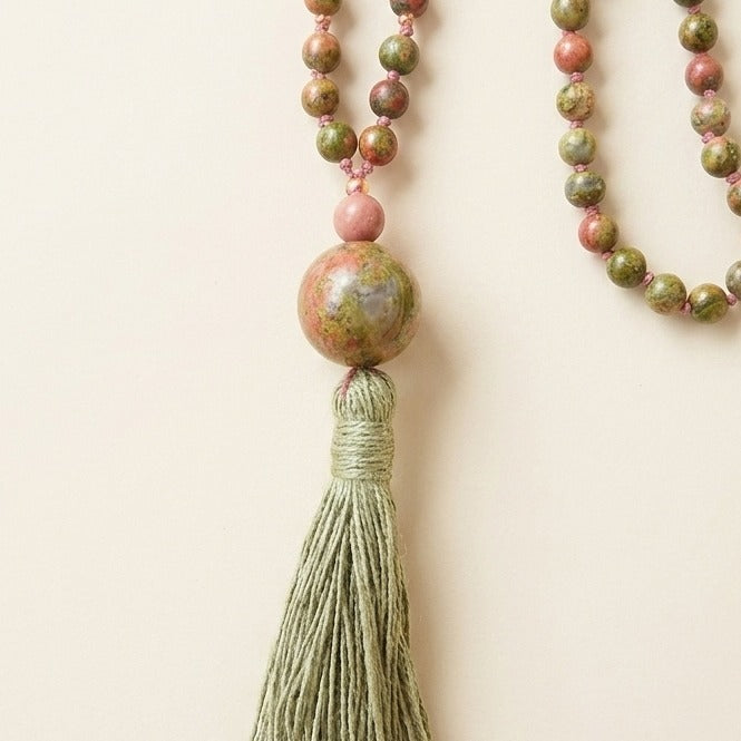 Mala 108 perle in Unakite, Rodonite, Pietra Guru Unakite e Rame