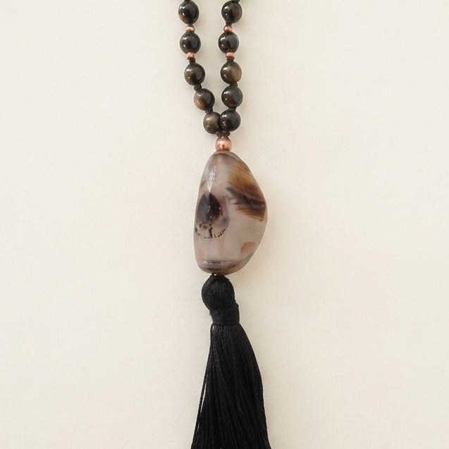 Mala da meditazione in Ossidiana dorata, Pietra Guru Agata, Rame