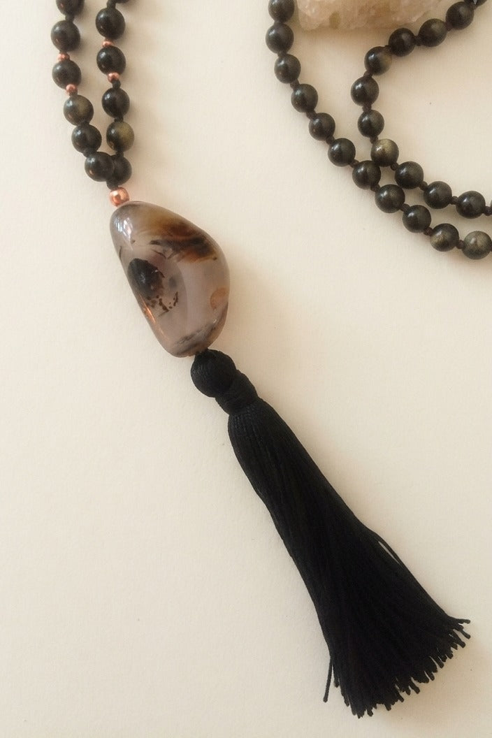 Mala da meditazione in Ossidiana dorata, Pietra Guru Agata, Rame