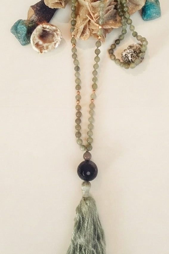 Mala da meditazione in Labradorite, Agata e Rame – 108 perle