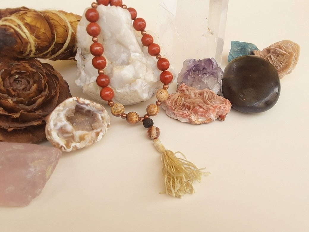 Bracciale Mala in Diaspro Rosso, Diaspro Paesaggio e Pietra Lavica – 18 pietre naturali