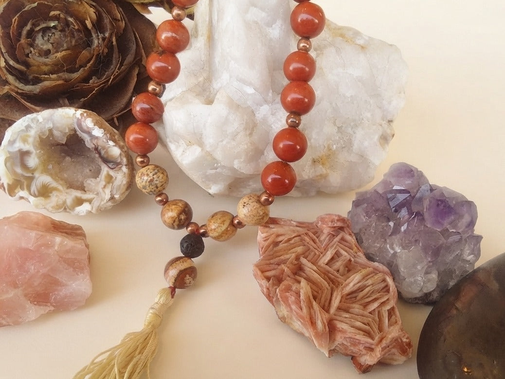 Bracciale Mala in Diaspro Rosso, Diaspro Paesaggio e Pietra Lavica – 18 pietre naturali