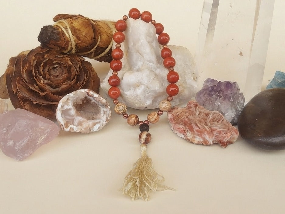 Bracciale Mala in Diaspro Rosso, Diaspro Paesaggio e Pietra Lavica – 18 pietre naturali