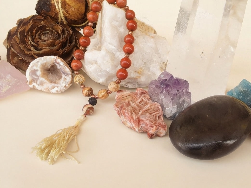 Bracciale Mala in Diaspro Rosso, Diaspro Paesaggio e Pietra Lavica – 18 pietre naturali