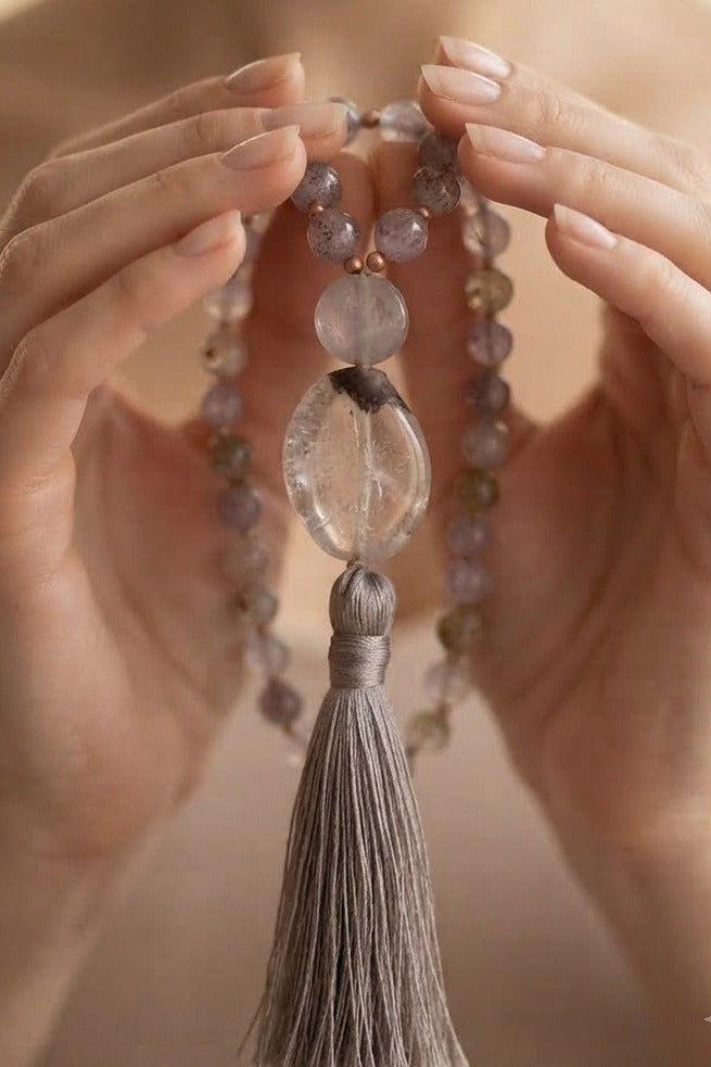 Mala da meditazione in Quarzo Ametistino con Goethite, Ametista Lavanda e Quarzo Ferroso – 108 perle