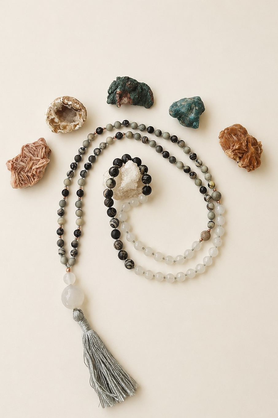 Mala in Diaspro zebrato, Agata bianca, Pietra Guru Agata bianca, Rame