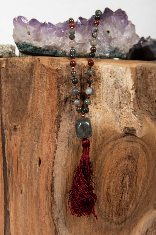 la madregea mala 108 in pietra dura naturale fatta a mano per  meditare di diaspro sanguigno detto eliotropio, labradorite e rame