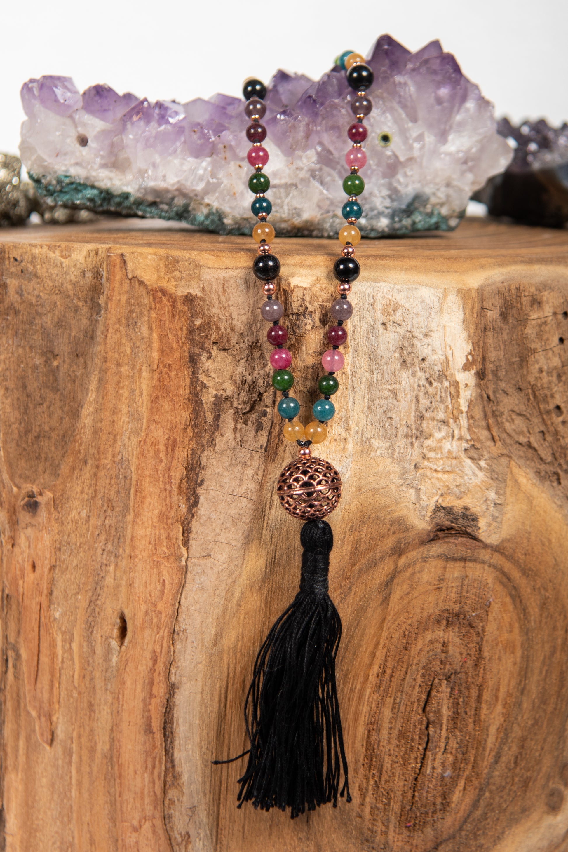 la madregea mala collana fatta a mano per  meditare con 108 perle in pietra dura naturale di tormalina, perla guru in  rame. 